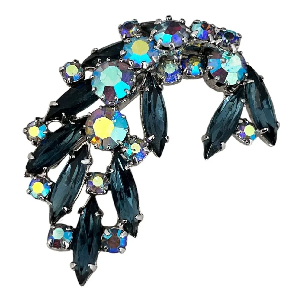 Vintage 1960s Rhinestone Brooch Blue Navette Aurora Borealis Silver Tone Pin- 8T
